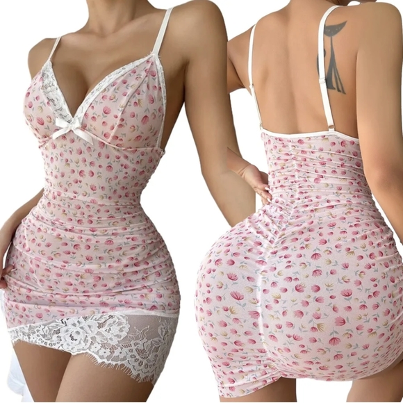 Women's Sexy Deep V Floral Lace Trim Babydoll Lingerie Chemise Nightgown Sets US - Picture 7 of 11
